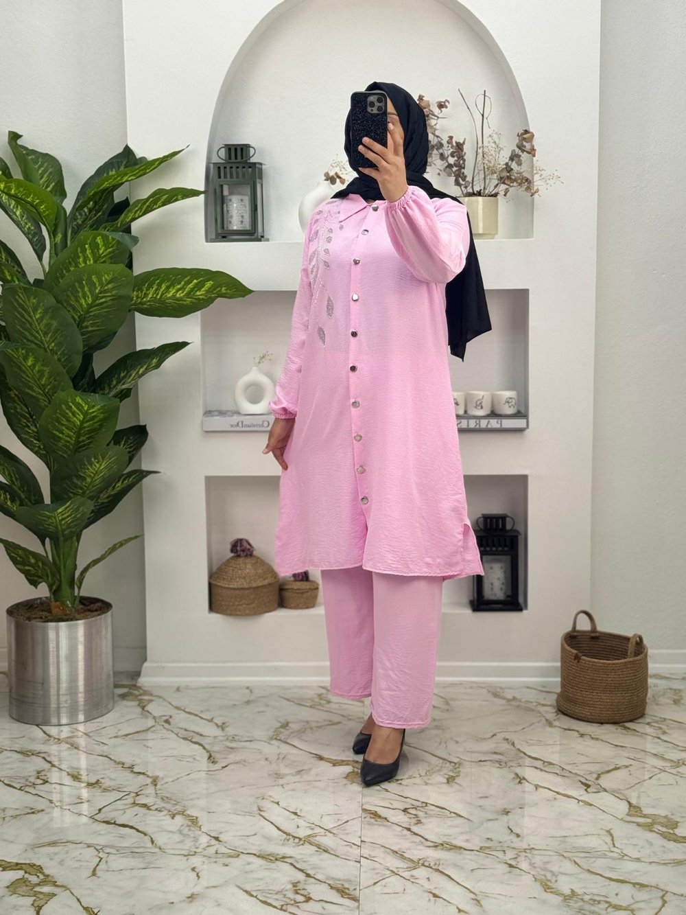 2007 Yeni Sezon Airobin Kumaş Yaprak desenliTaşlı İkili Takım Renk Pembe