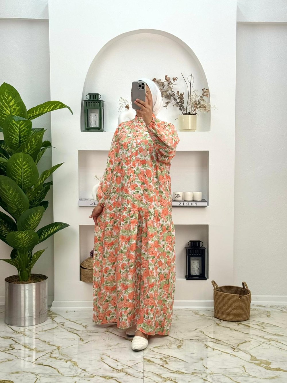 1645 Yeni Sezon Çiçekli Mango Elbise Renk Turuncu 