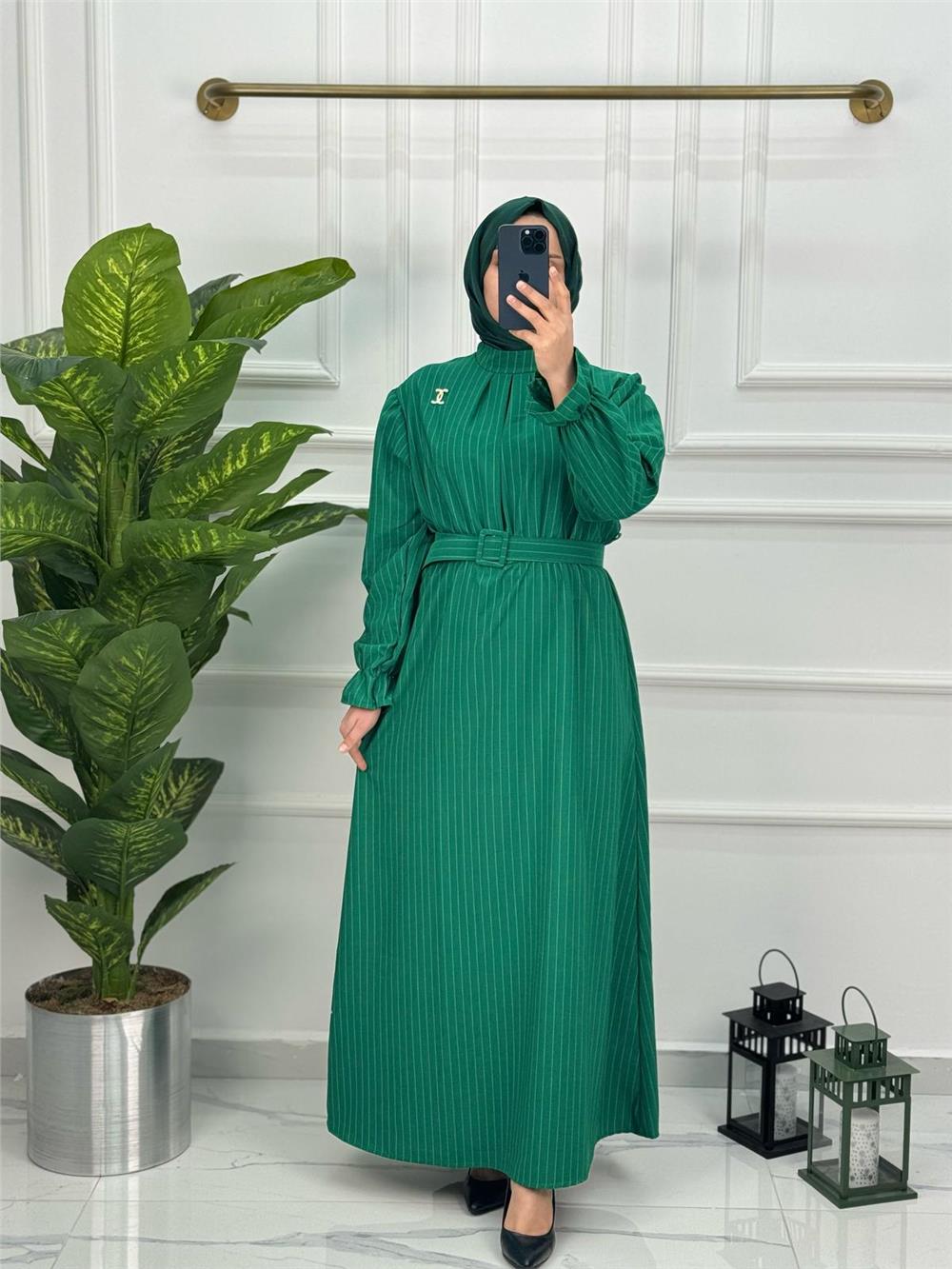 Yeni Sezon Elenora Çizgi Desenli Elbise 0142 Yeşil