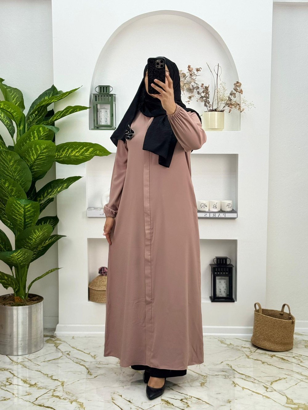 5621 Yeni Sezon Medine İpegi Gizli Fermuarlı Gül Detaylı Ferace Renk  Pudra
