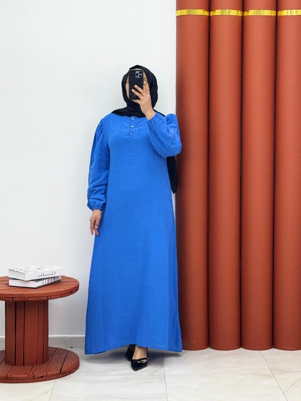 2222 Müslin yarım dügmeli mavi