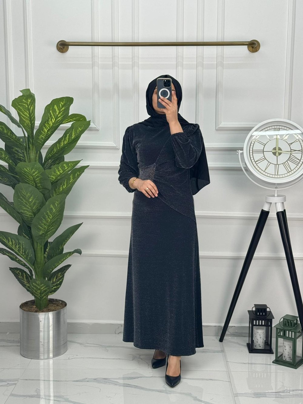 Simli Ön Robalı Şık Abiye Elbise 040 Siyah