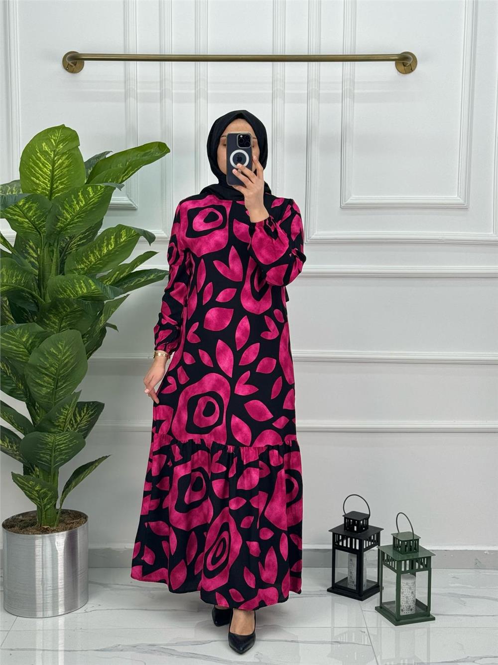Yeni Sezon Yaprak Desenli Viskon Kumaş Seyyar Kemerli Elbise 0126 Pembe