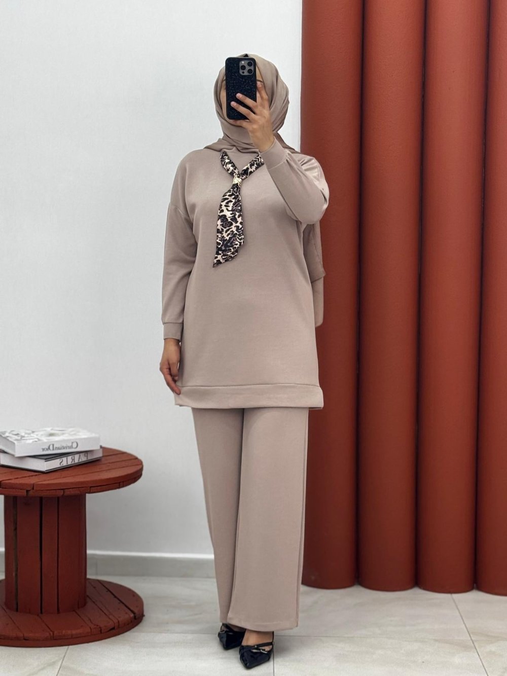 1254 Oysho fularlı ikili takım ekru