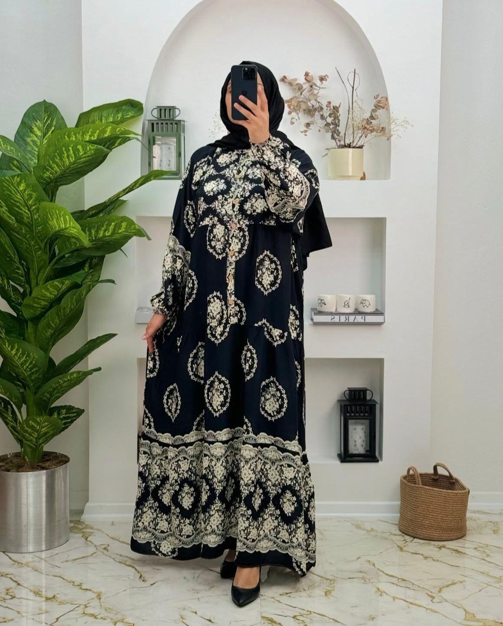 1675 viskon pamuklu yeni sezon tugra desen elbise siyah 