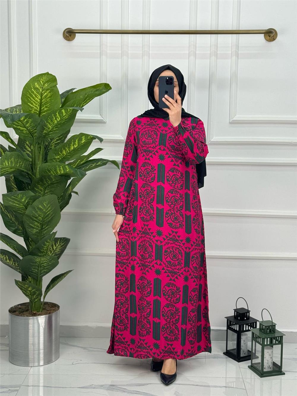 Yeni Sezon Viskon Etnik Desen Seyyar Kemerli Elbise 0146 Pembe