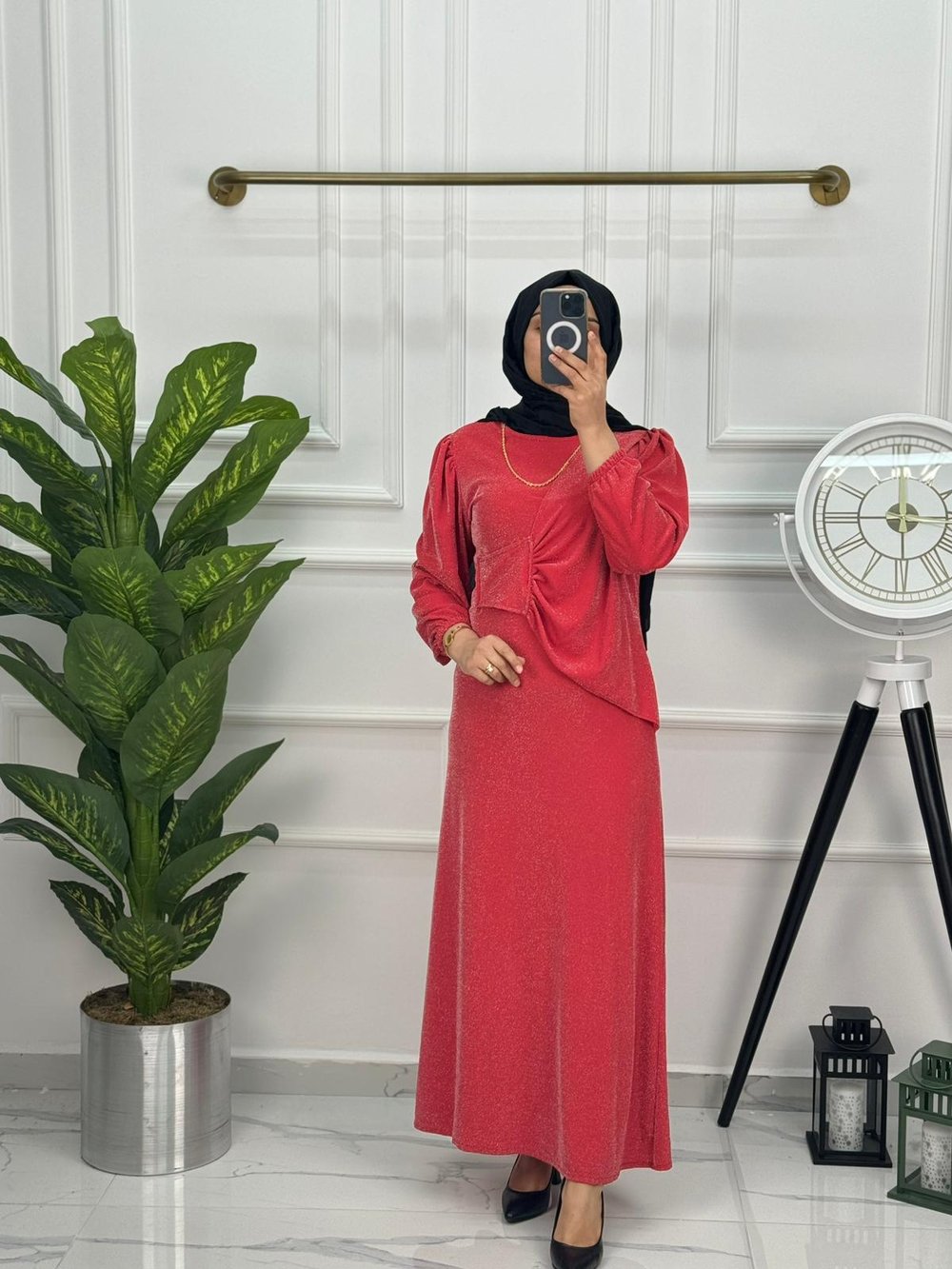 040 Simli Ön Robalı Şık Abiye Elbise Kırmızı