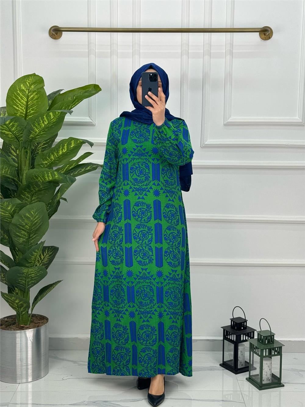 Yeni Sezon Viskon Etnik Desen Seyyar Kemerli Elbise 0146 Yeşil