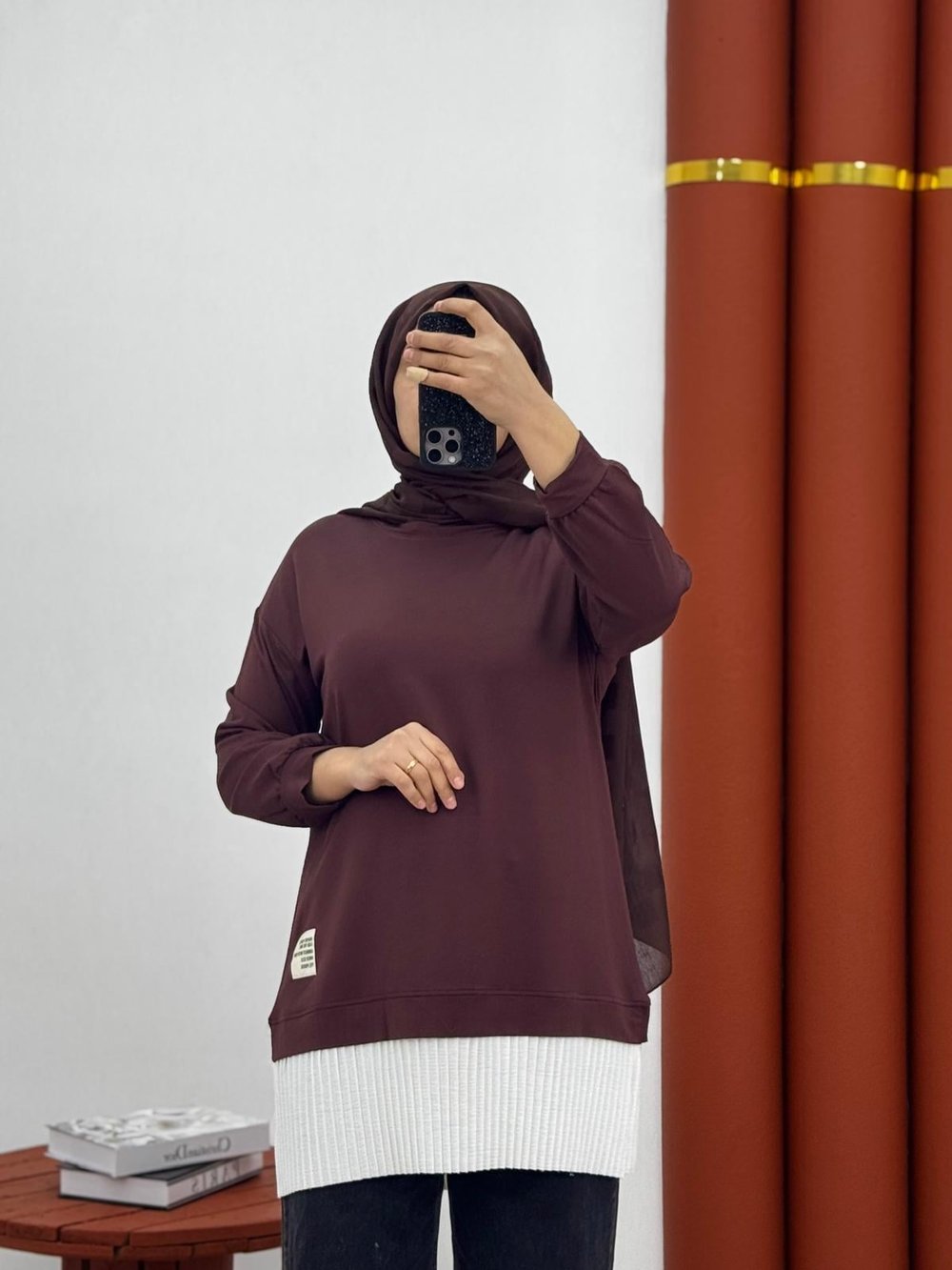 8888 altı pileli tunik kahverengi