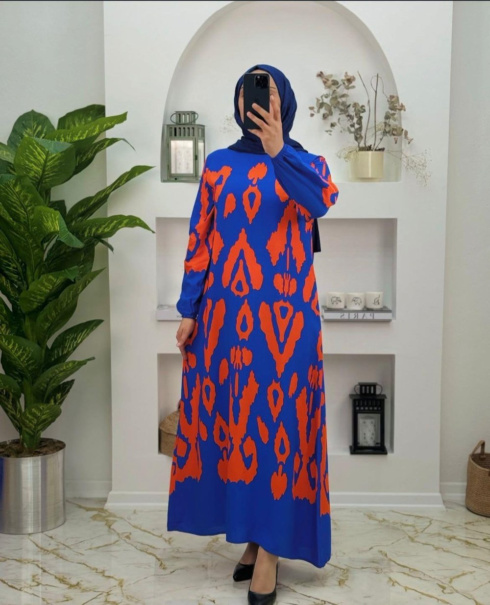 4721 Yeni Sezon Viskon Kumaş Etnik Desen Elbise Renk Mavi Kiremit  