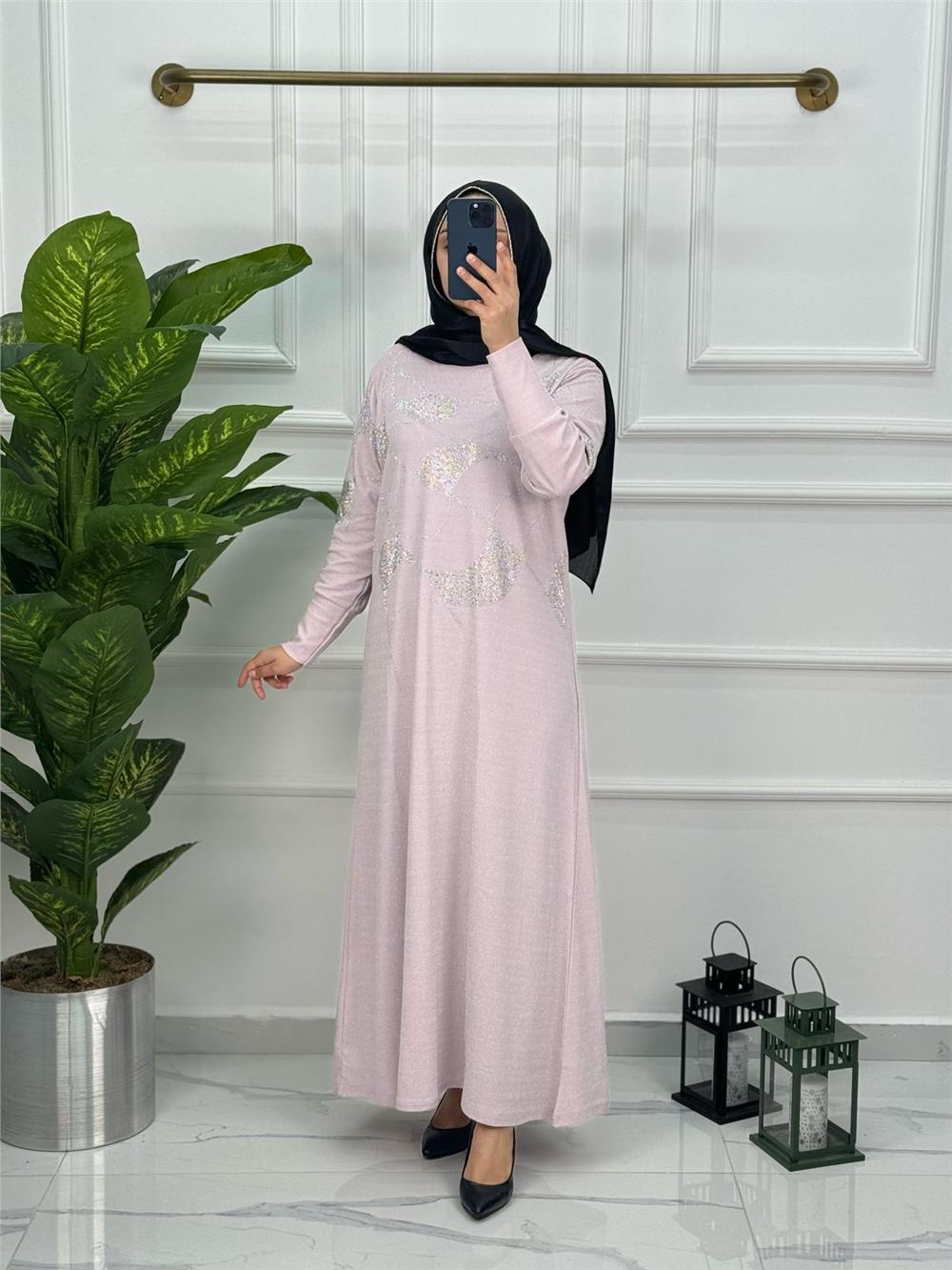 0143 Yeni Sezon Simli Taş Desenli Elbise Toz Pembe