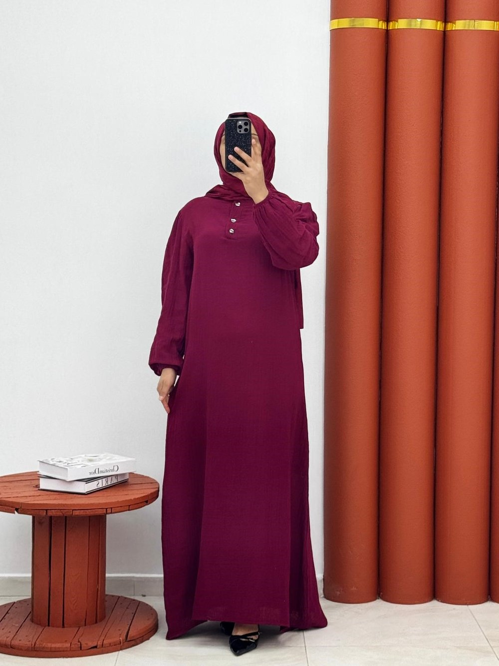 2222 Müslin yarım dügmeli bordo