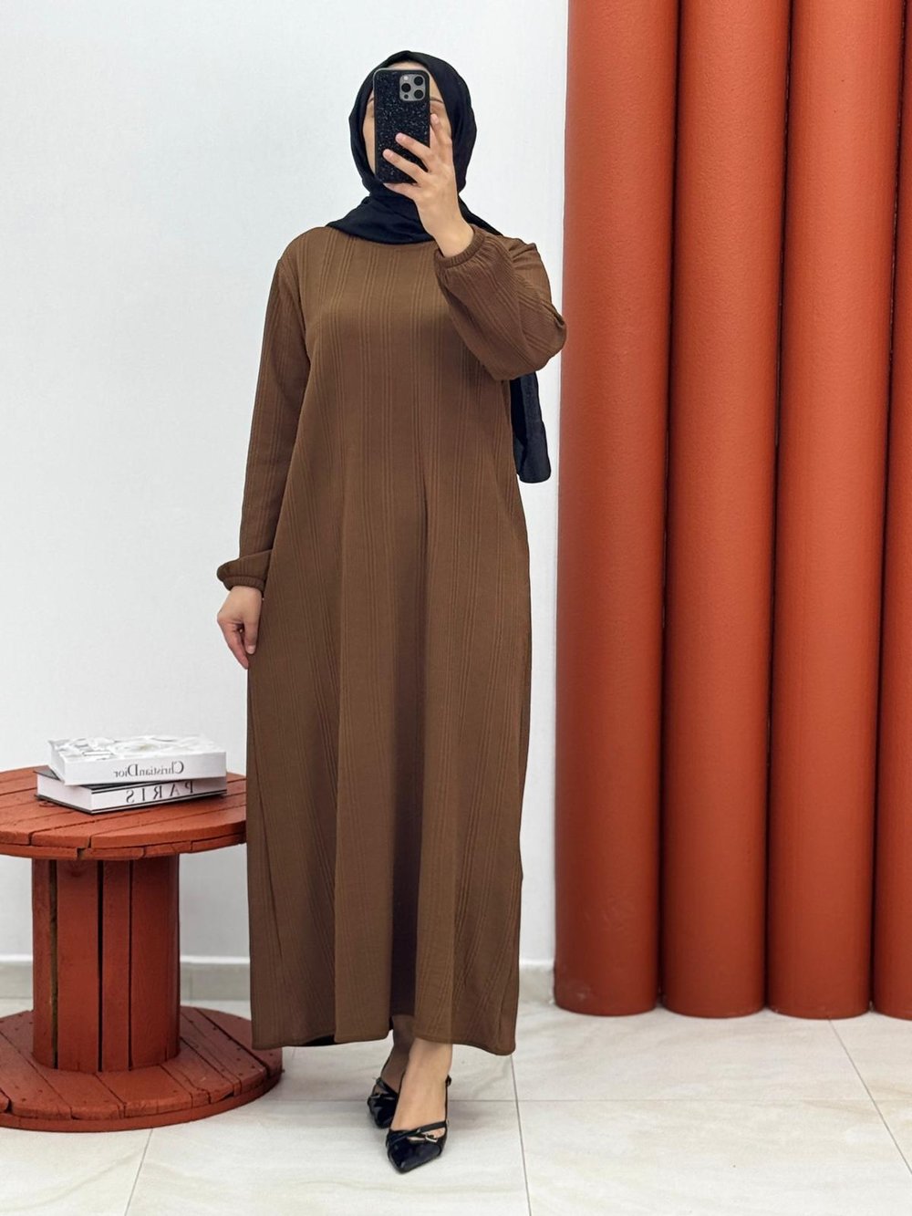 5011 Örme seyyar kemerli elbise kahverengi