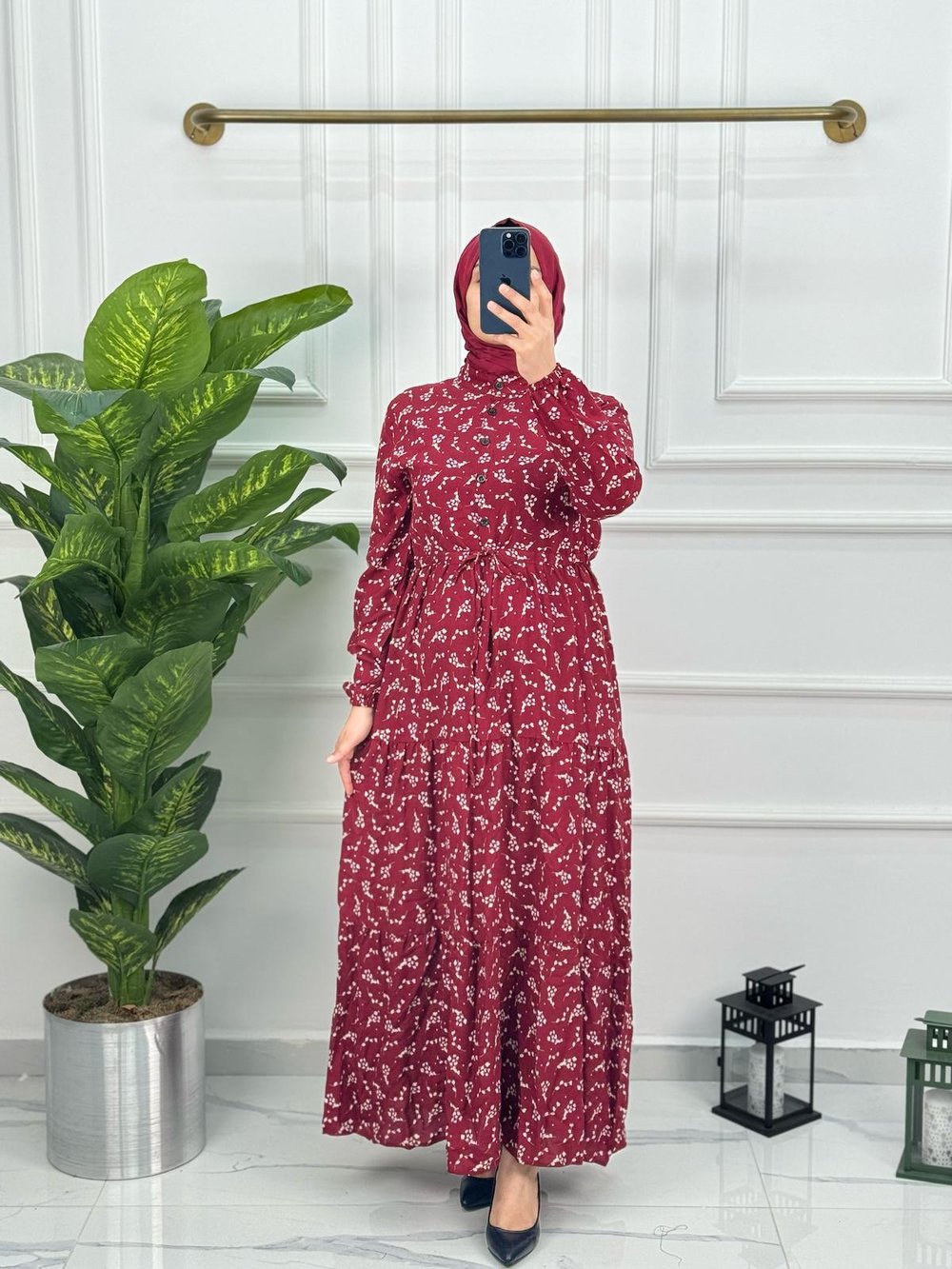 Yeni Sezon Papatya Desen Yarım Düğmeli Kendinden Bağlamlı Elbise Kırmızı 0184