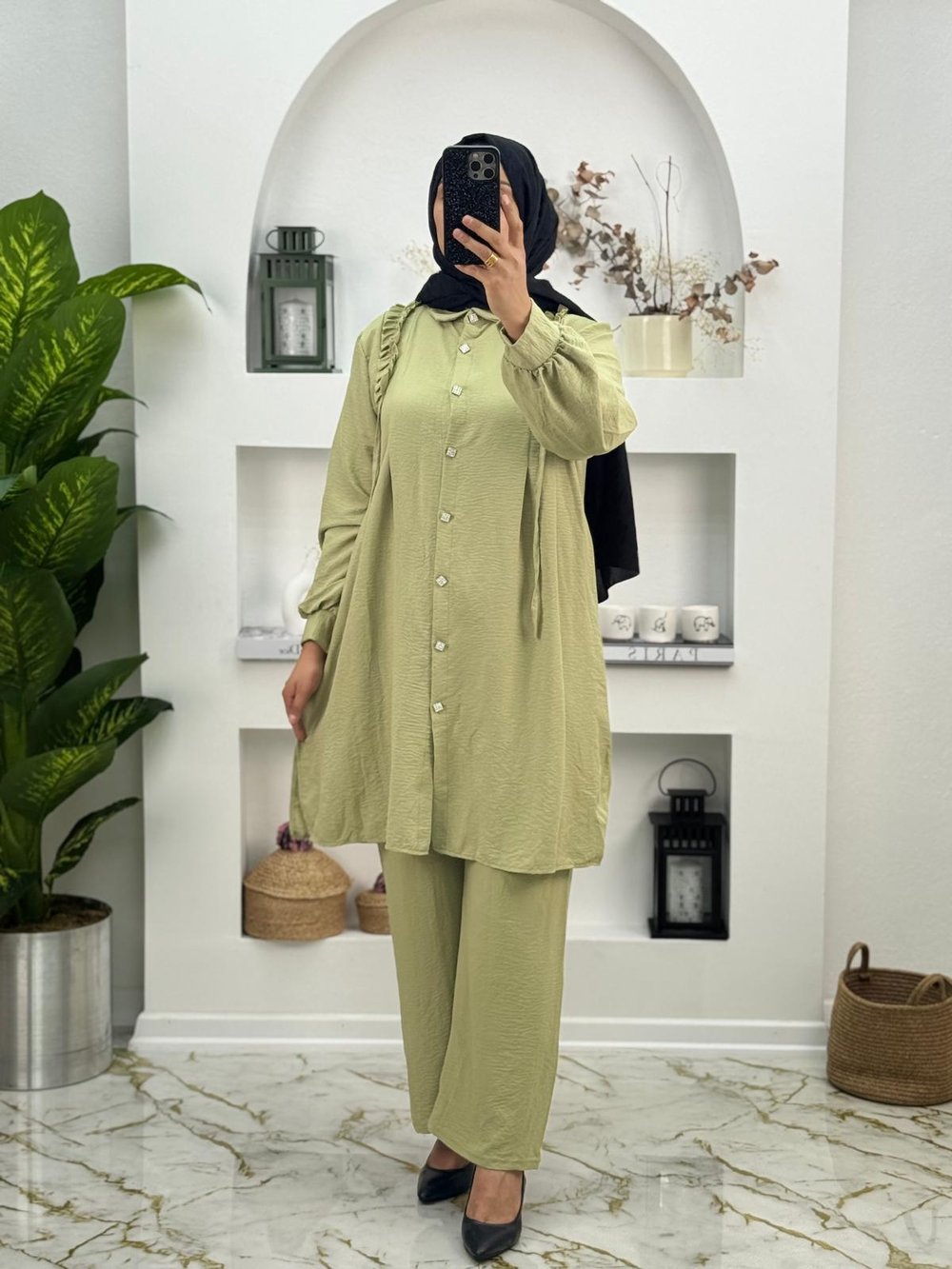 2709 Airobin Kumaş Fırfır Detaylı İkili Takım Renk Yeşil  