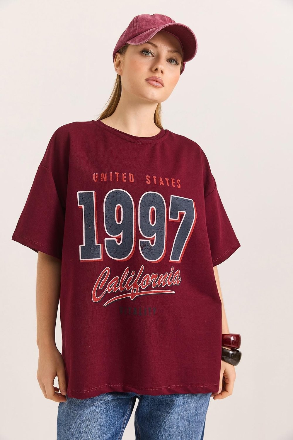 Bordo Baskılı Oversize Tişört