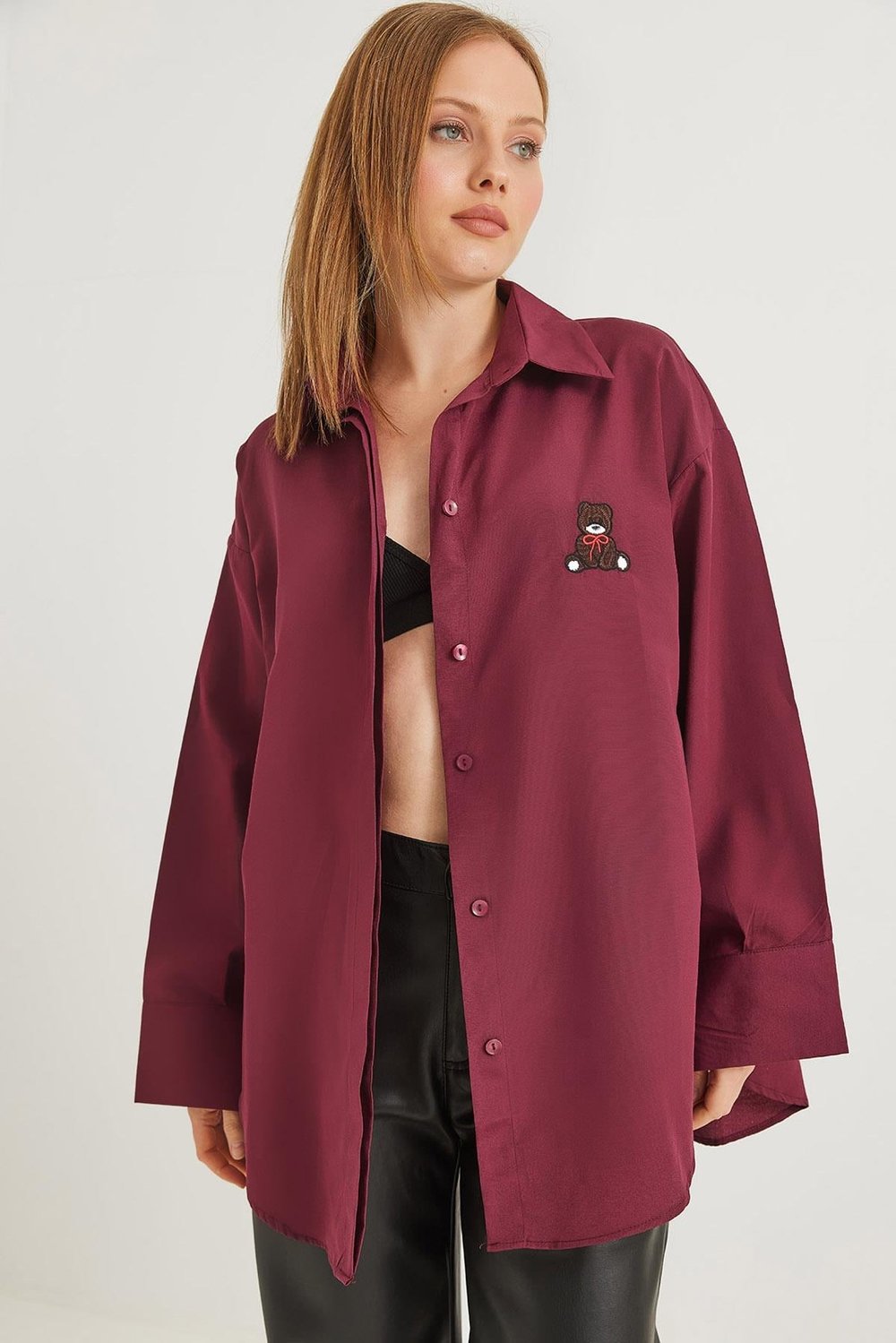 Bordo Ayıcık Nakışlı Oversize Gömlek