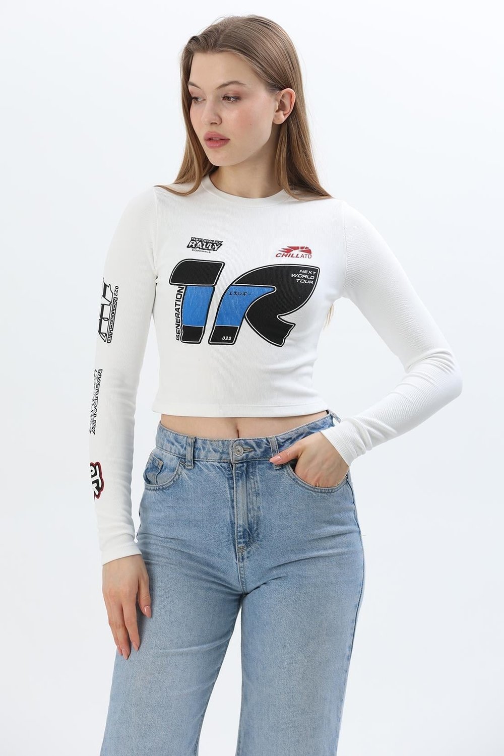 Beyaz Baskılı Fitilli Crop Bluz