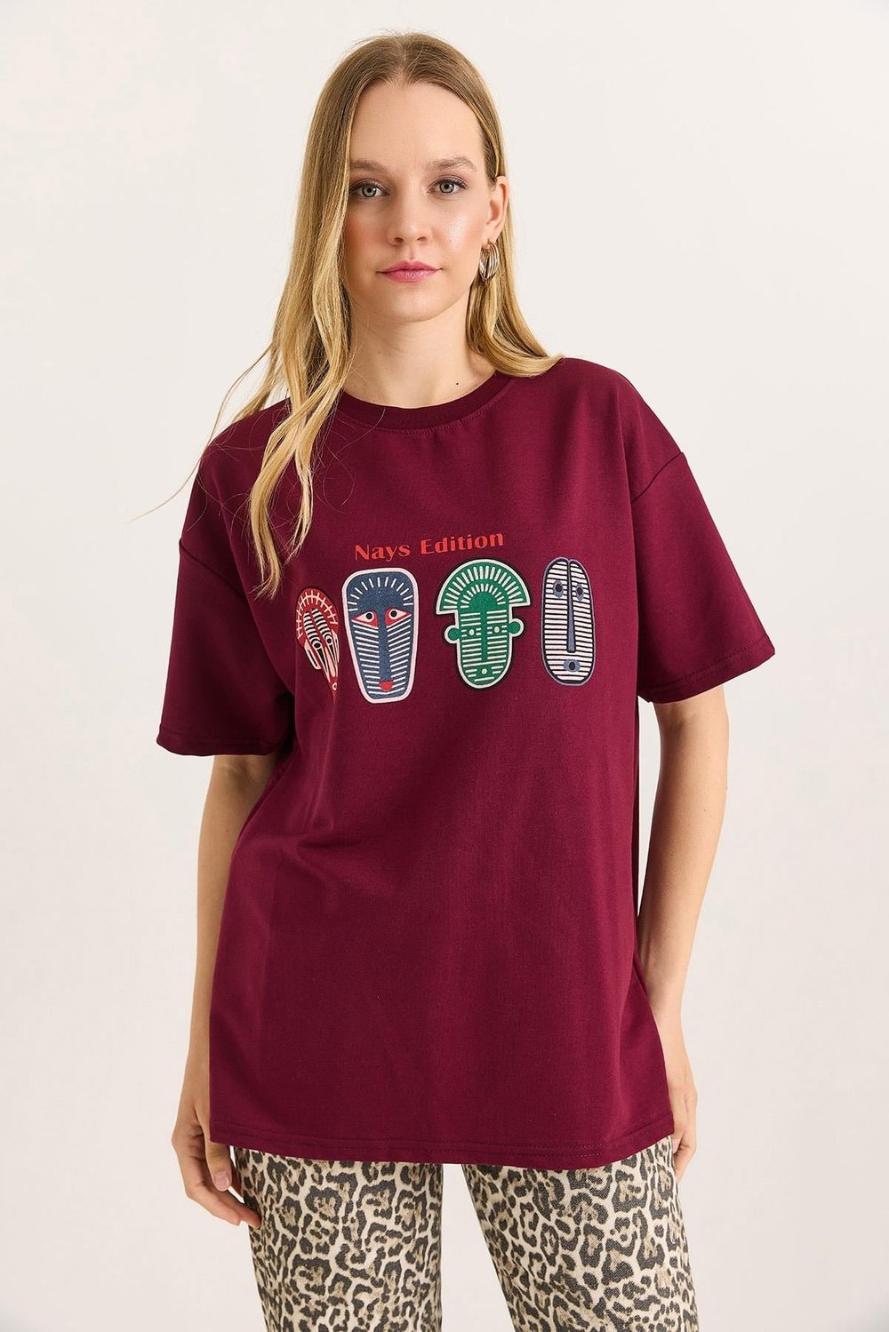 Bordo Baskılı Oversize Tişört