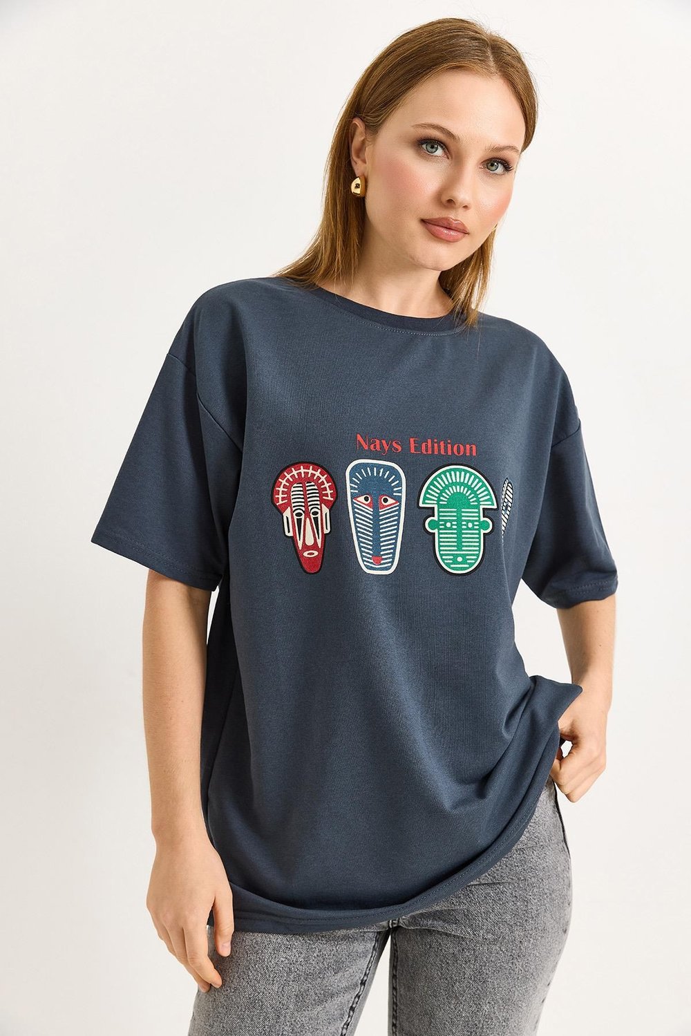 Füme Baskılı Oversize Tişört
