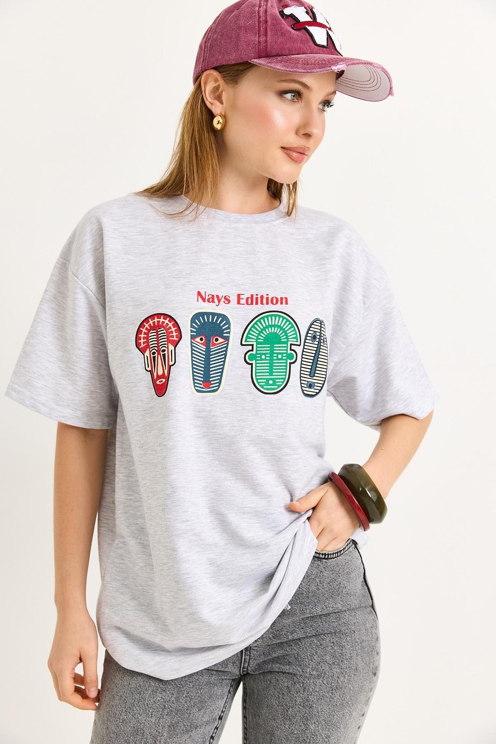 Gri Baskılı Oversize Tişört