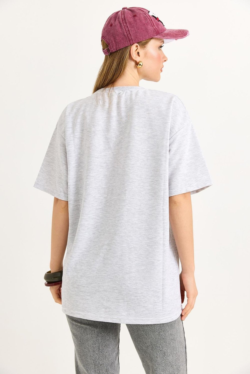 Gri Baskılı Oversize Tişört