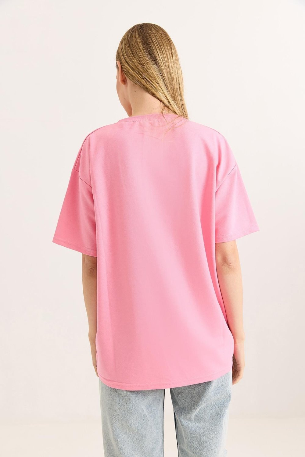 Pembe Baskılı Oversize Tişört