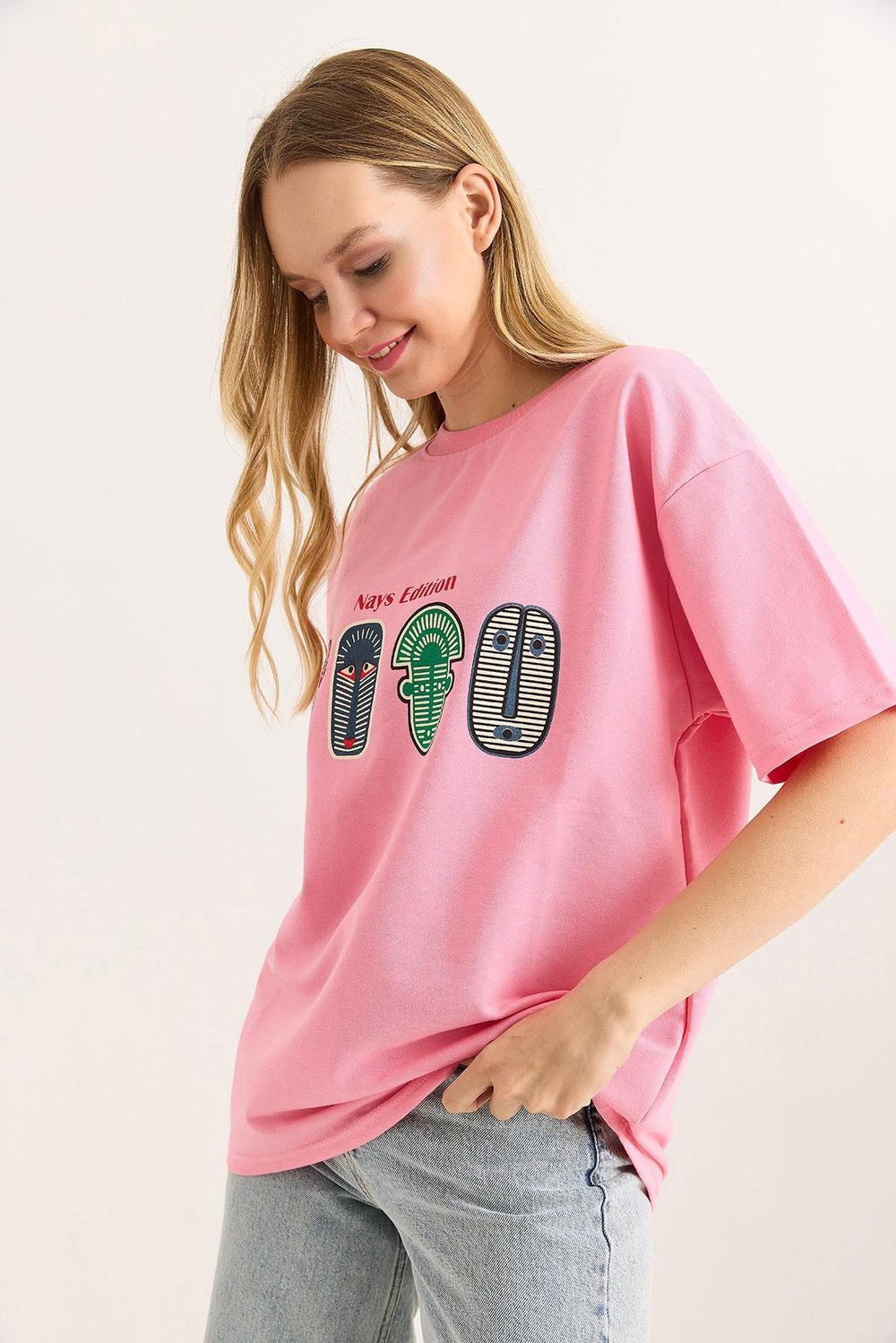 Pembe Baskılı Oversize Tişört