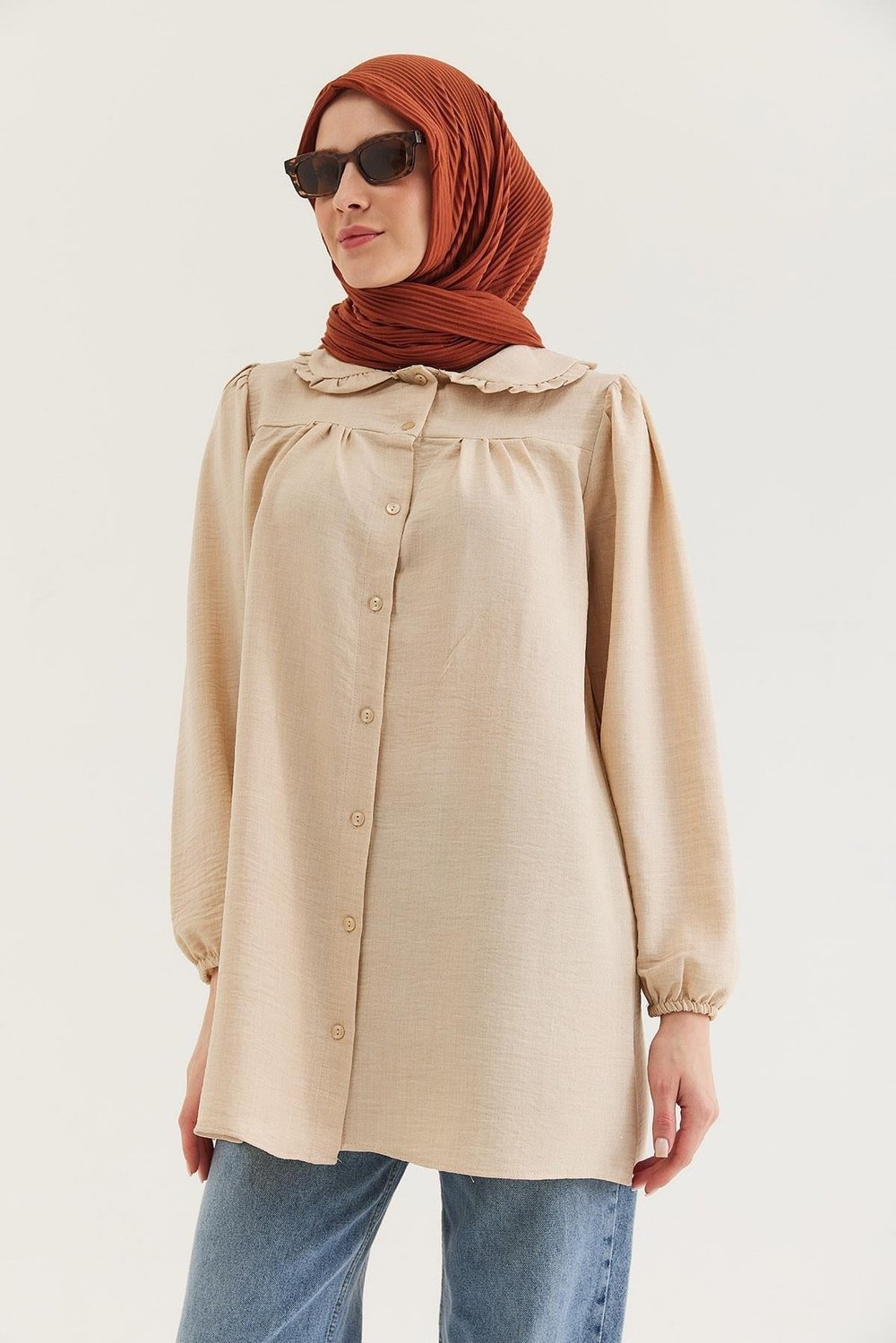 Krem Bebe Yaka Keten Tunik