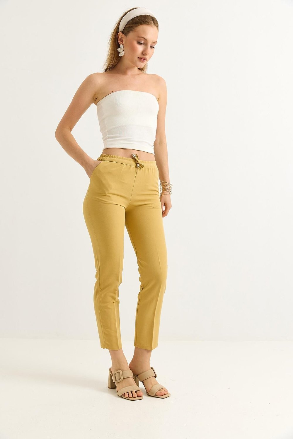 Sarı Beli Lastikli Krep Pantolon