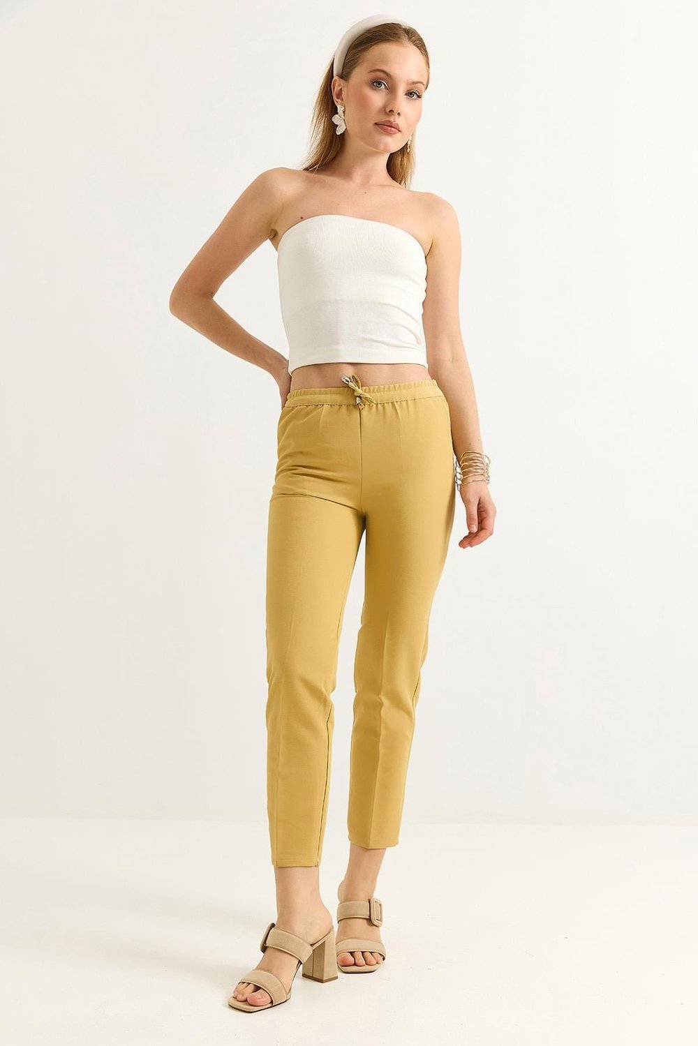 Sarı Beli Lastikli Krep Pantolon