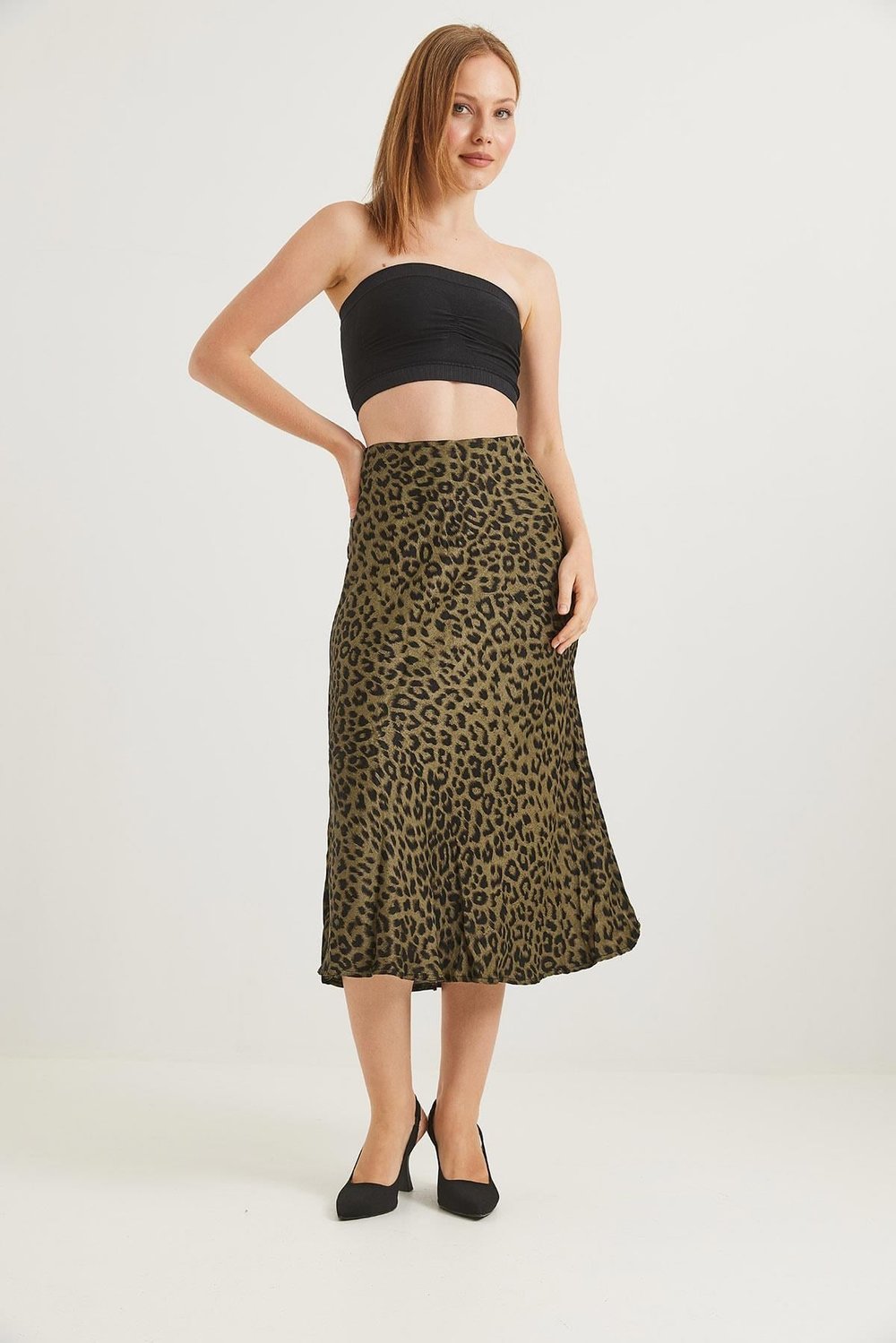 Haki Leopar Desen Saten Etek