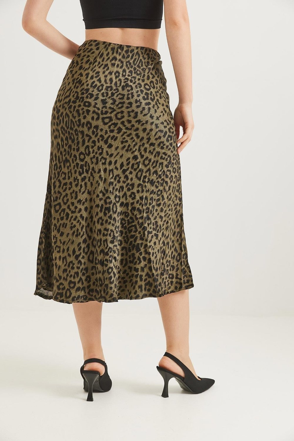 Haki Leopar Desen Saten Etek