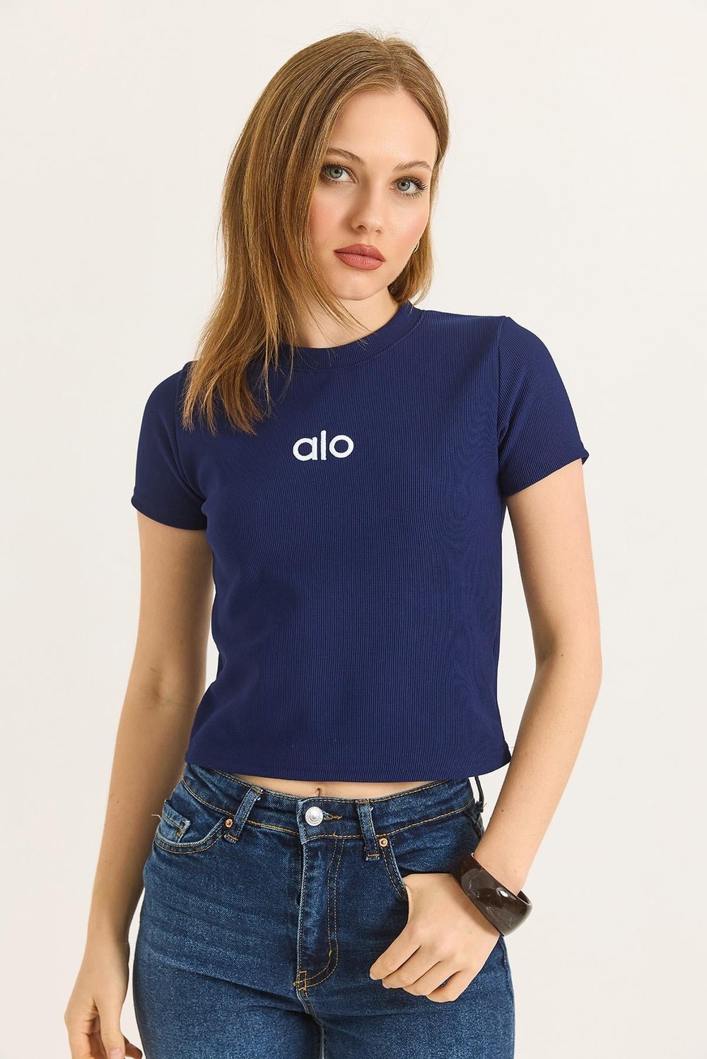 Lacivert Nakışlı Fitilli Crop Bluz