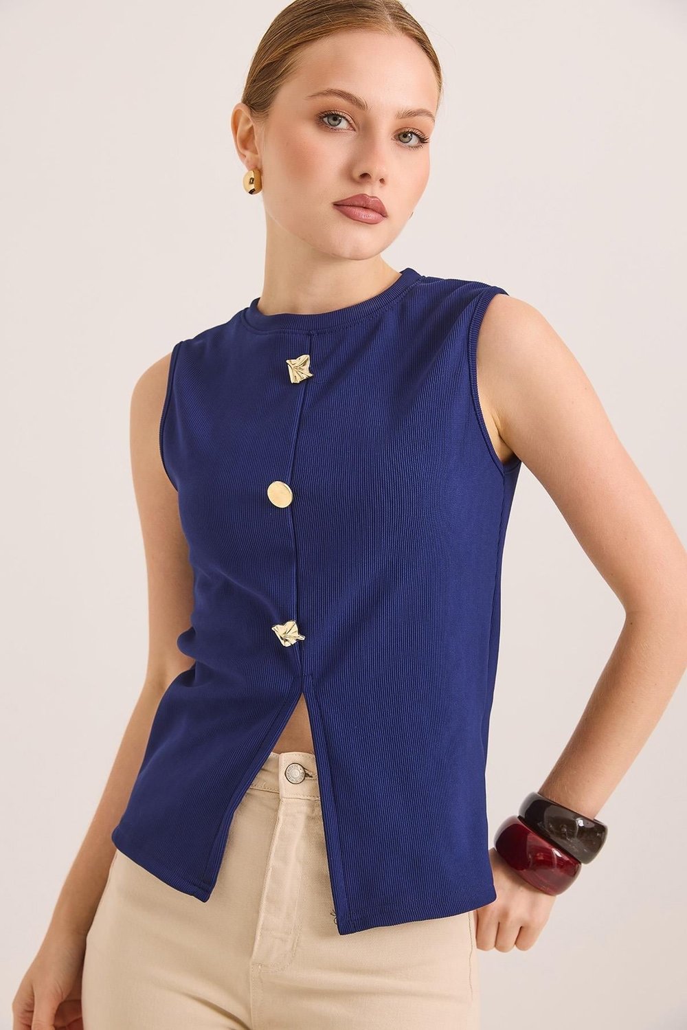 Saks Gold Düğmeli Fitilli Bluz