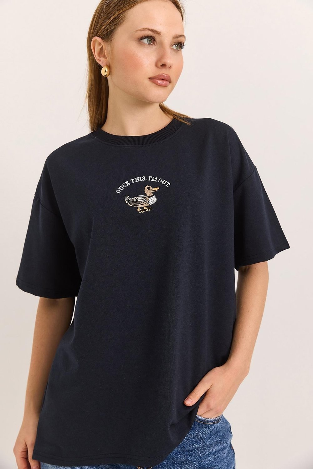 Lacivert Ördek Nakışlı Oversize Tişört