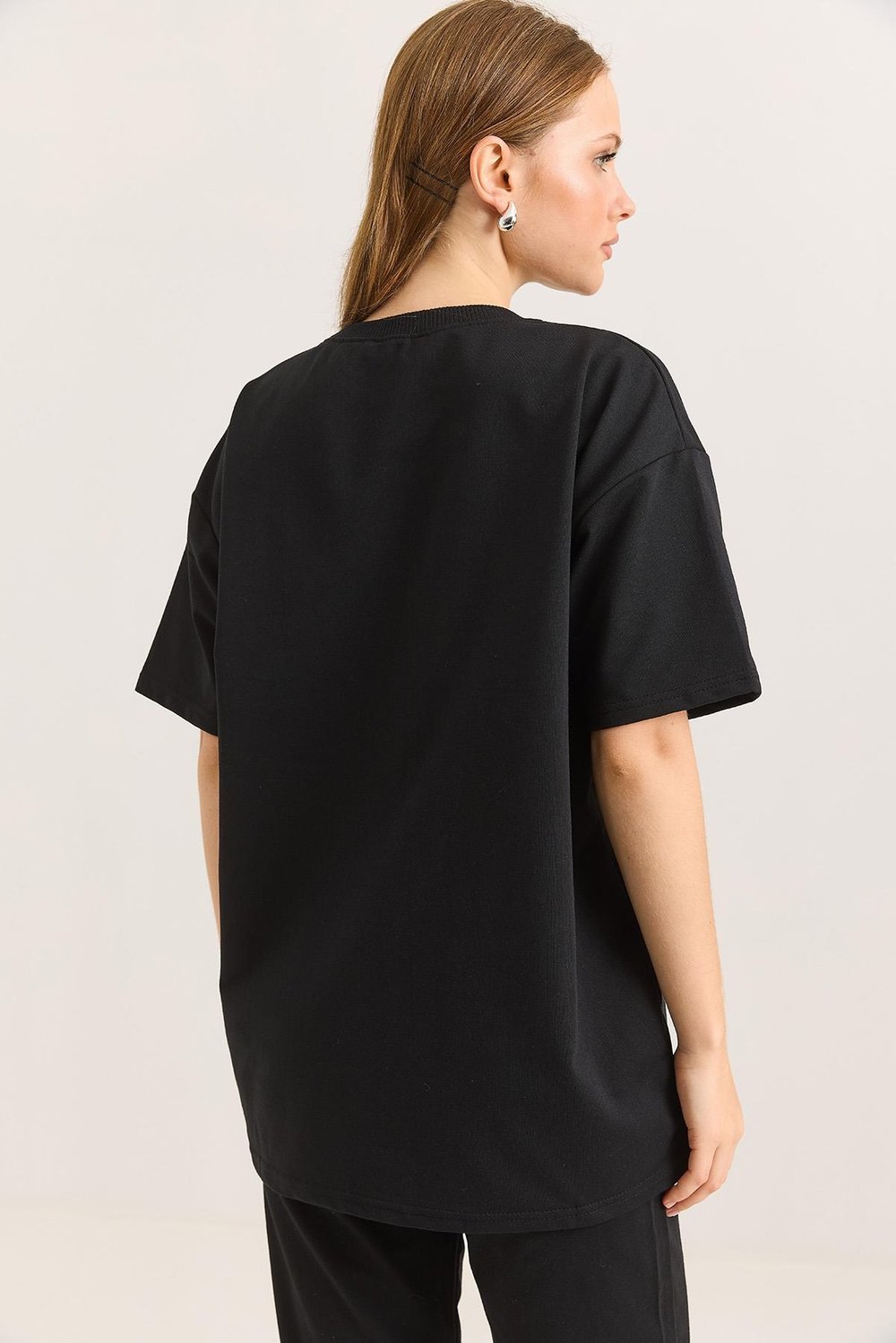 Siyah Ördek Nakışlı Oversize Tişört