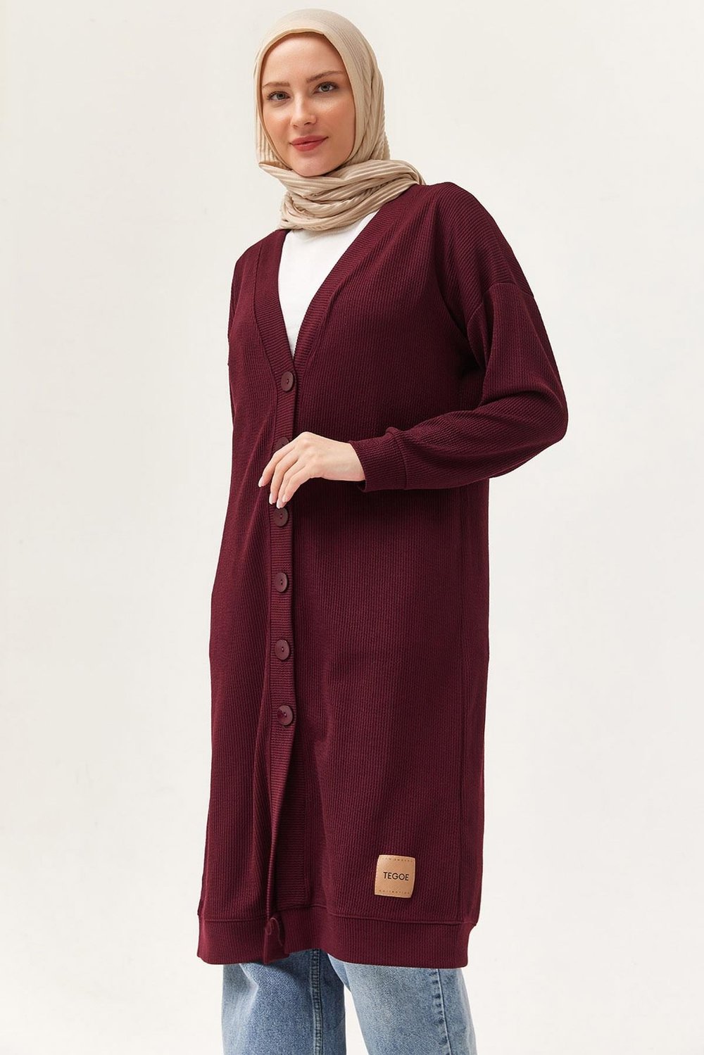 Bordo Düğmeli Uzun Triko Hırka