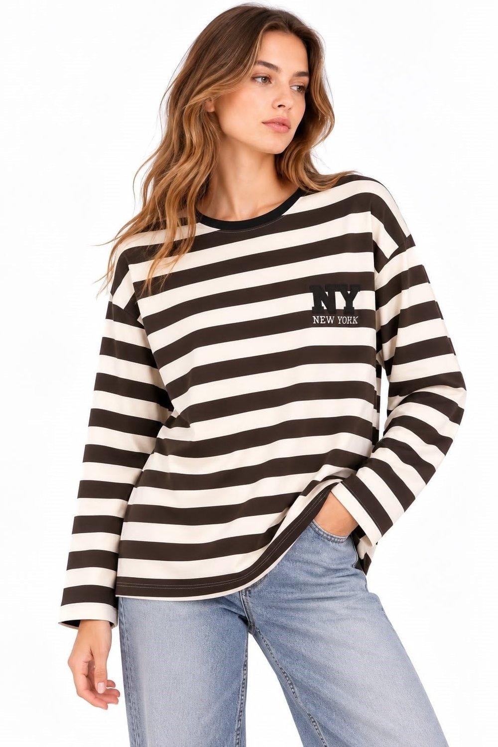 Kahverengi Çizgili Baskılı Sweatshirt