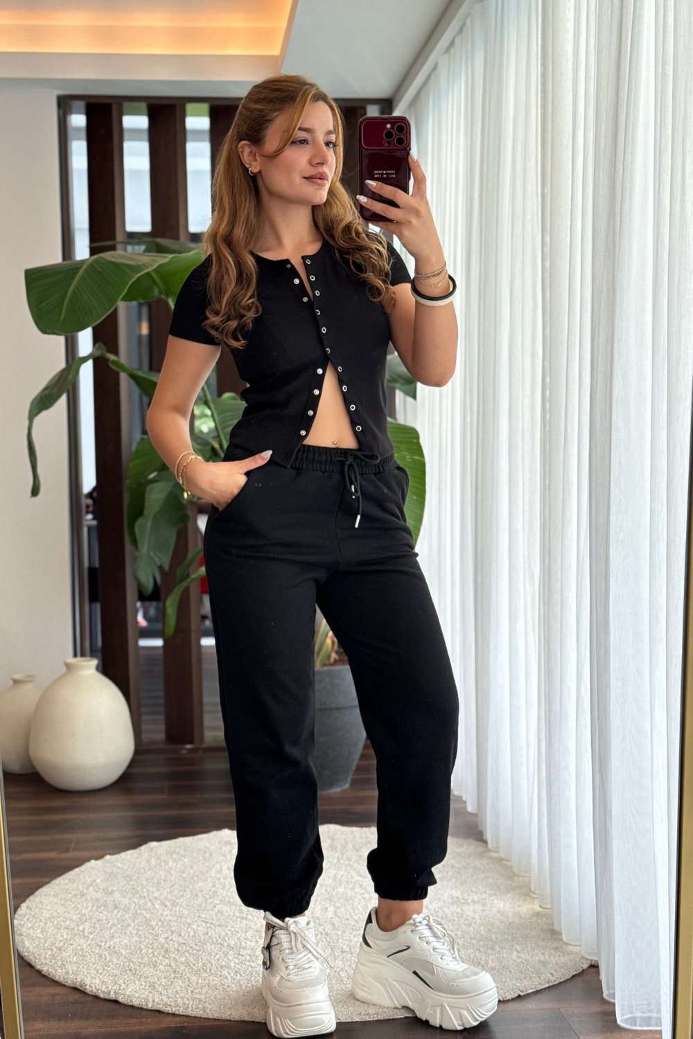 Siyah Beli Bağcıklı Eşofman Pantolon