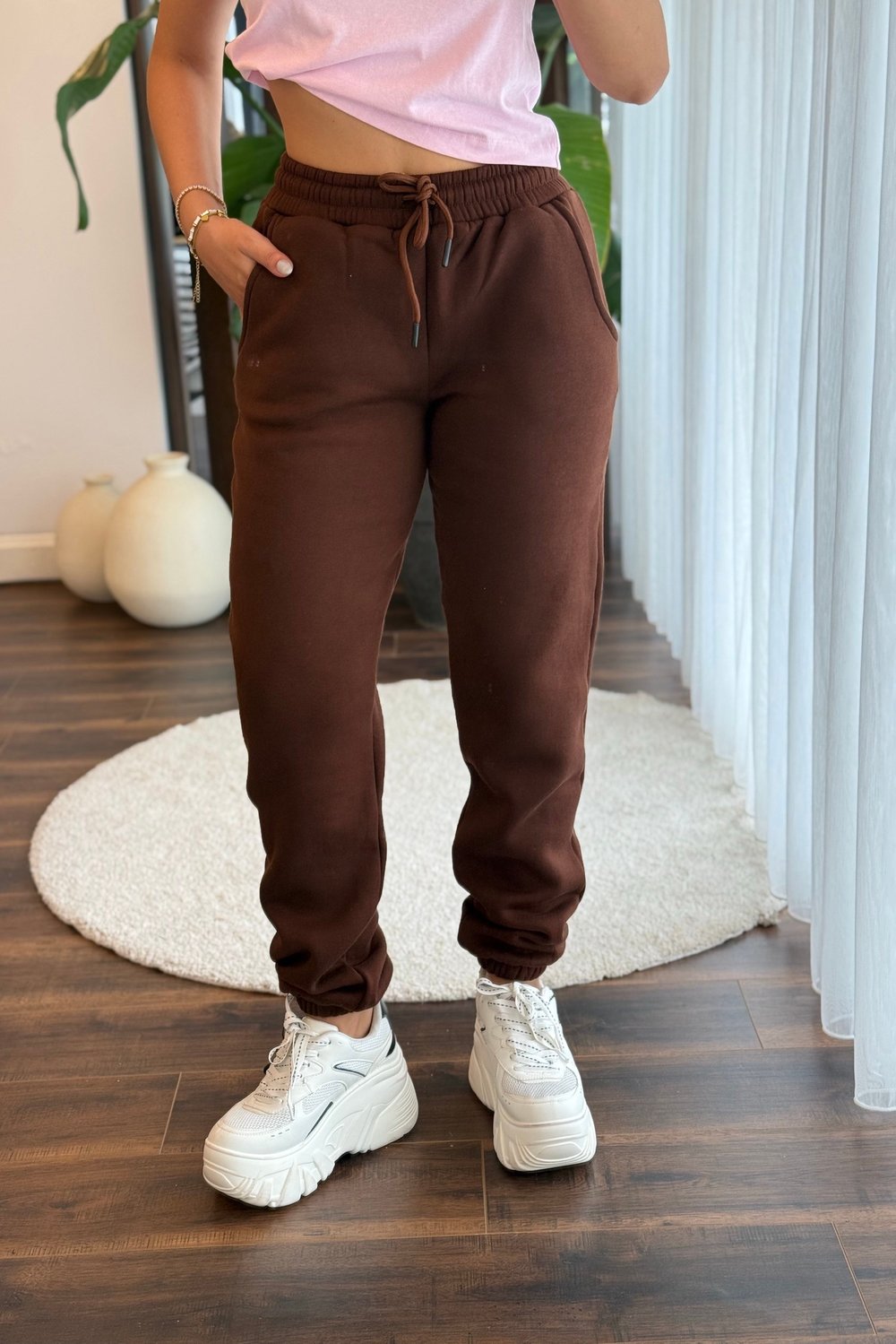 Kahverengi Beli Lastikli Eşofman Pantolon