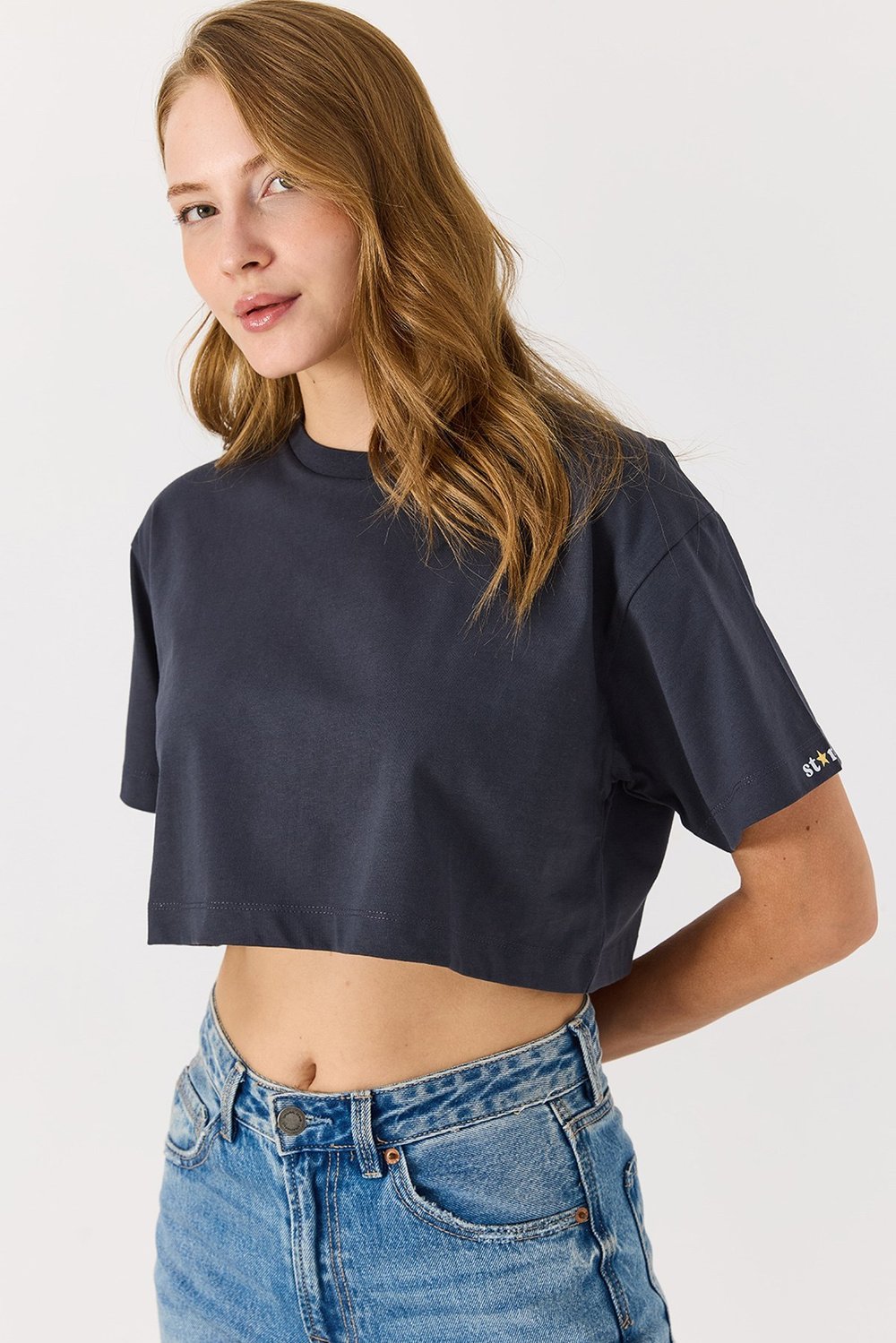 Antrasit Bisiklet Yaka Crop Bluz