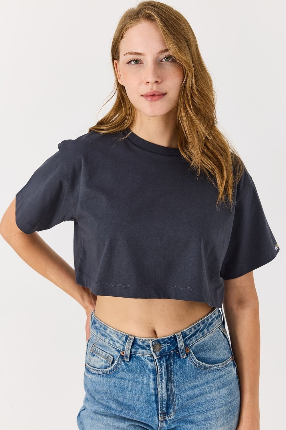 Antrasit Bisiklet Yaka Crop Bluz