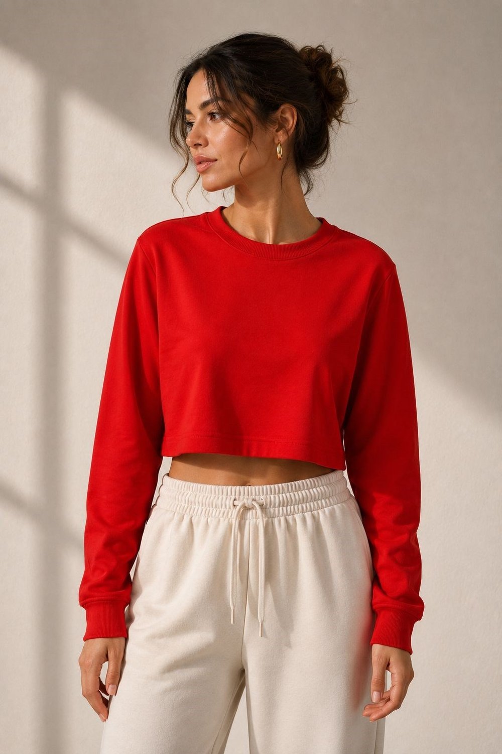 Kırmızı Bisiklet Yaka Crop Sweatshirt