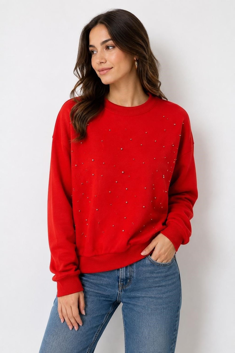 Kırmızı Taş Detaylı Bisiklet Yaka Sweatshirt