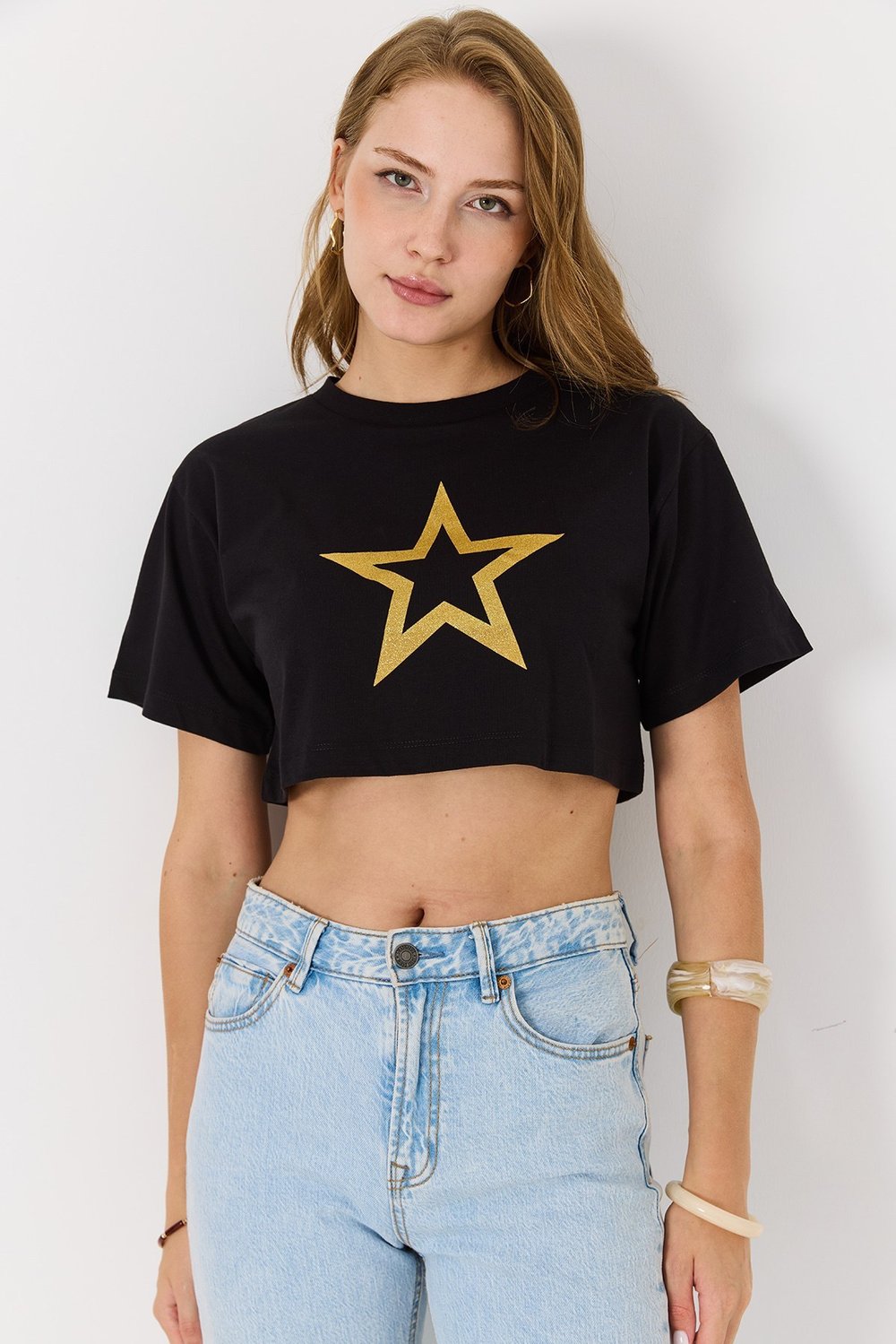 Siyah Yıldız Baskılı Crop Bluz