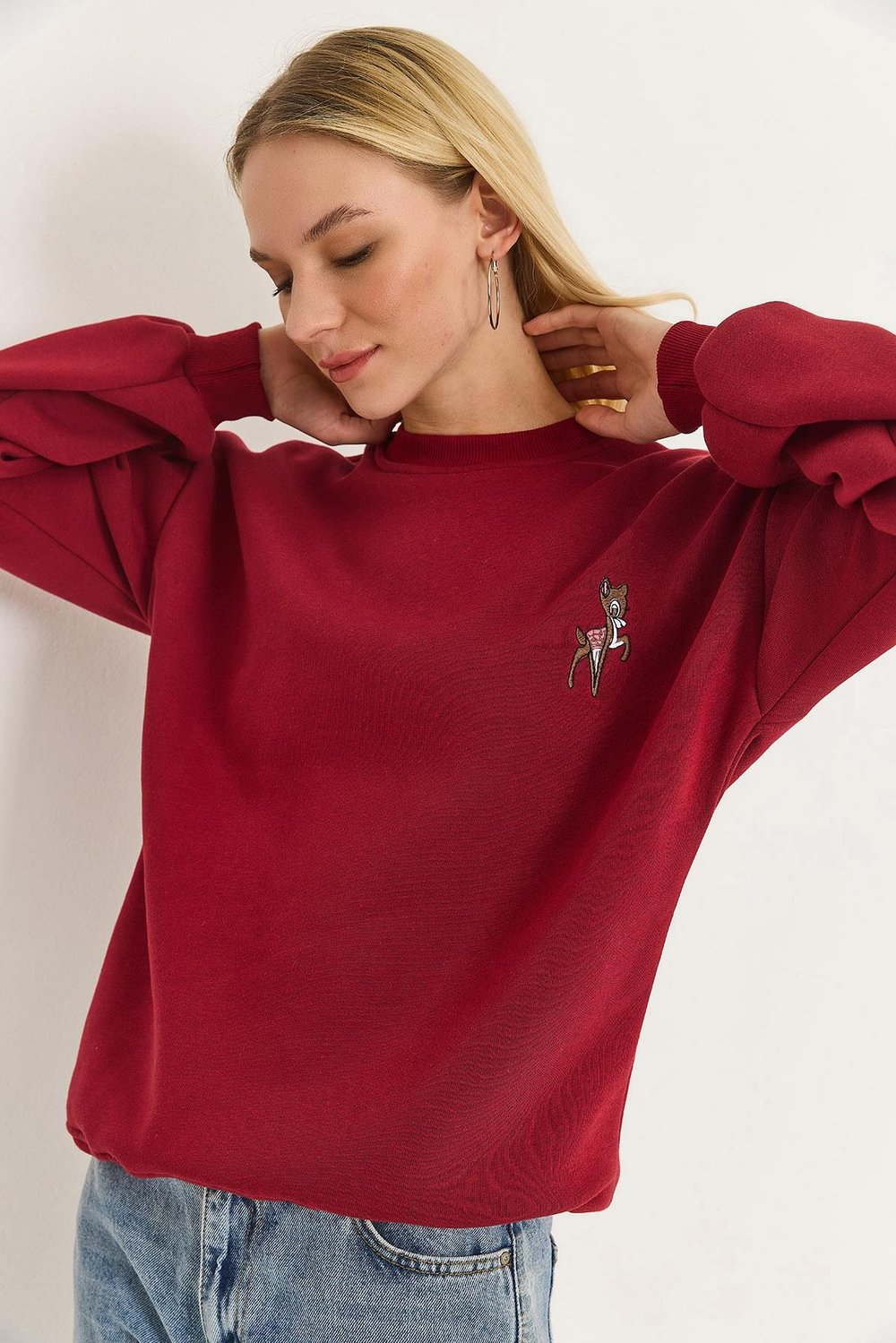 Bordo Geyik Nakışlı Sweatshirt
