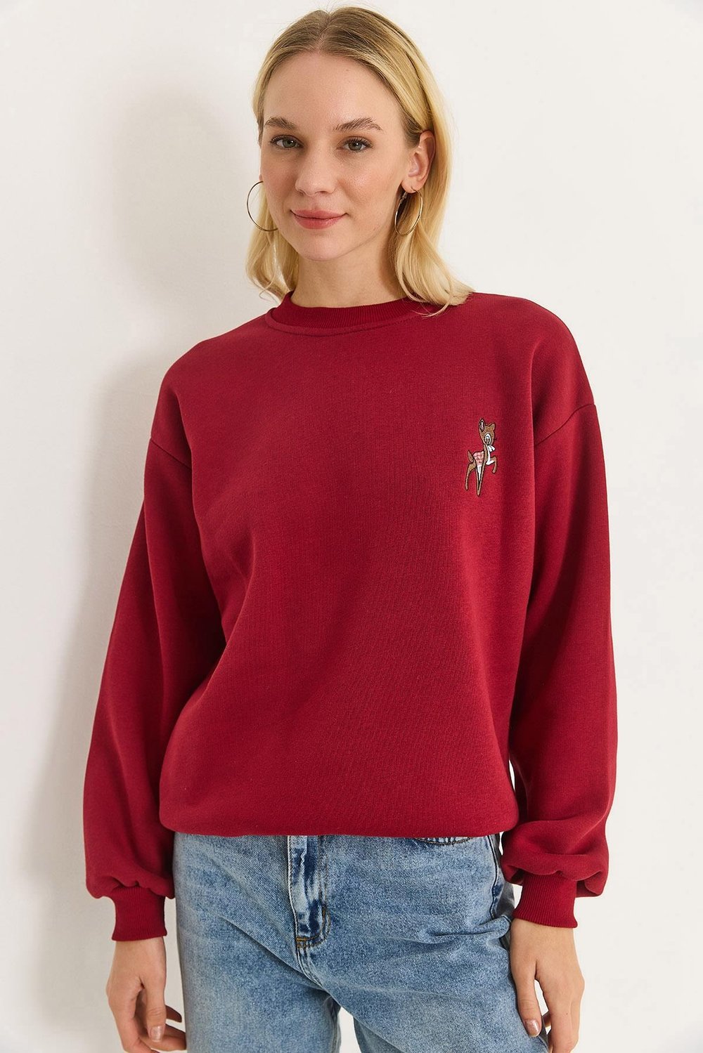 Bordo Geyik Nakışlı Sweatshirt