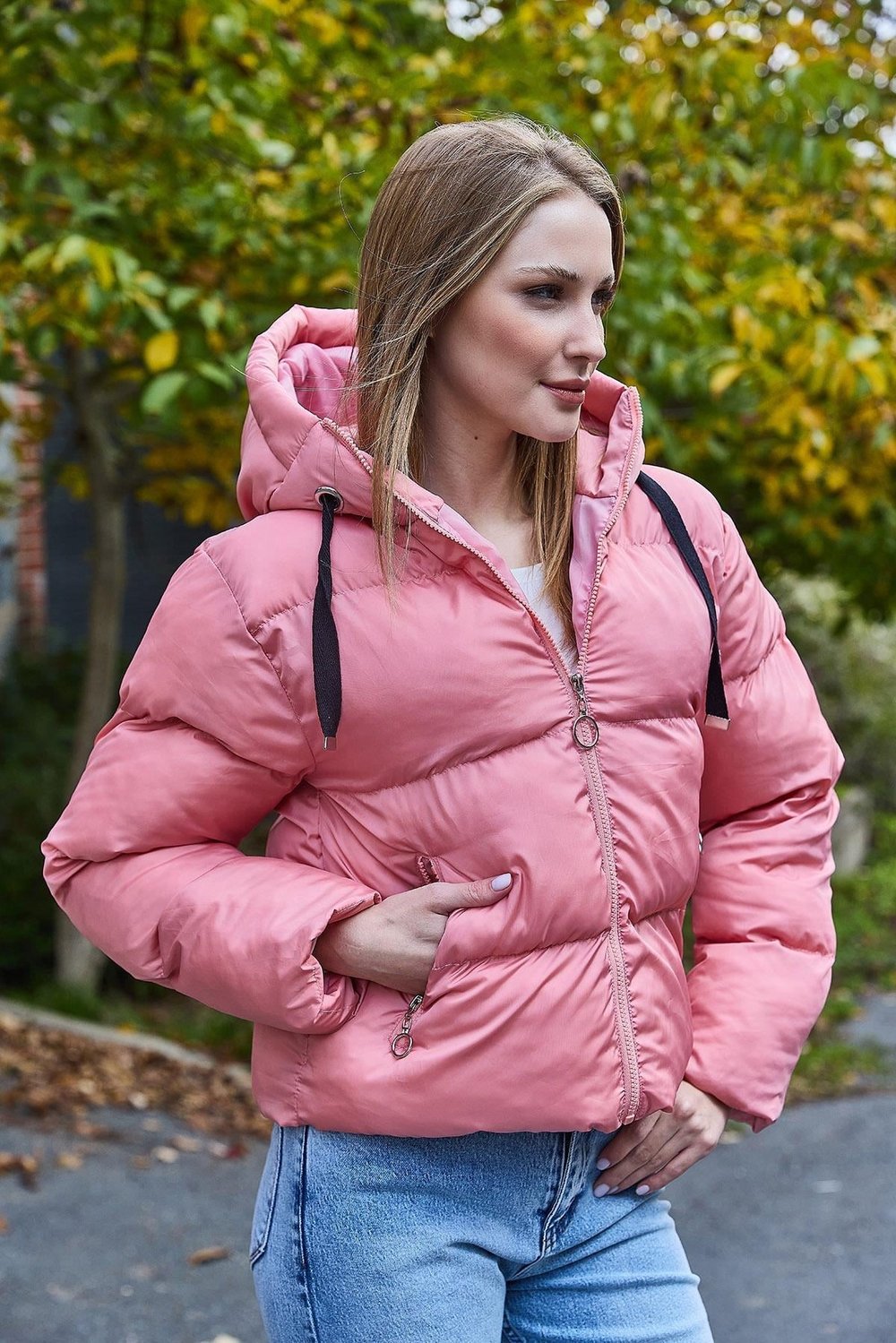 Pembe Kapüşonlu Fermuarlı Şişme Mont