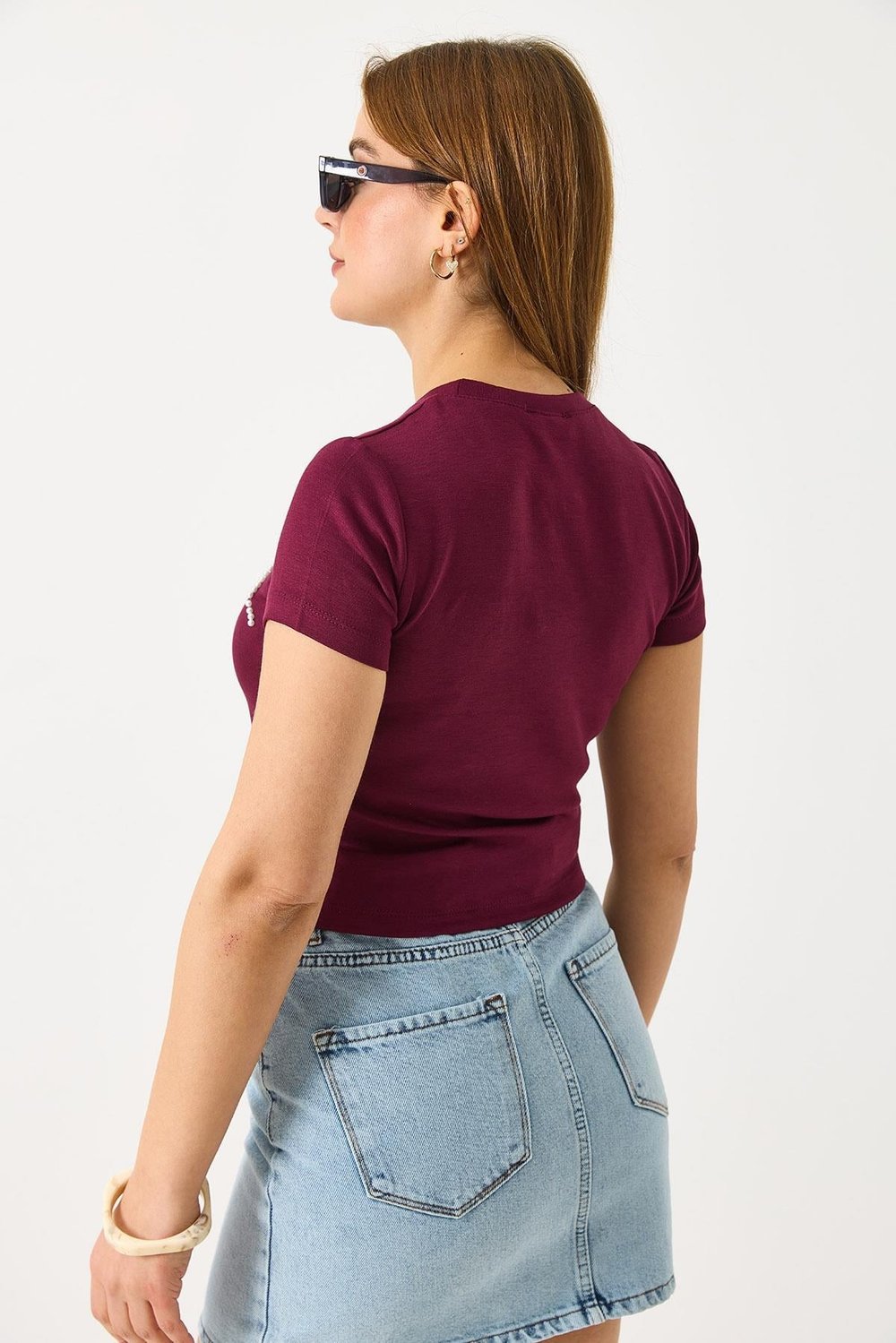 Bordo İnci Fiyonklu Crop Bluz
